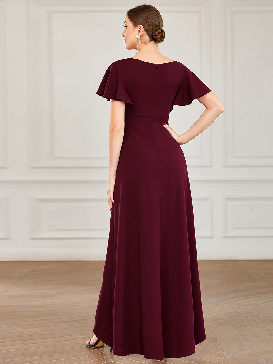 Color=Burgundy | Deep V Neck Short Ruffles Sleeves Split Wholesale Evening Dresses-Burgundy 2