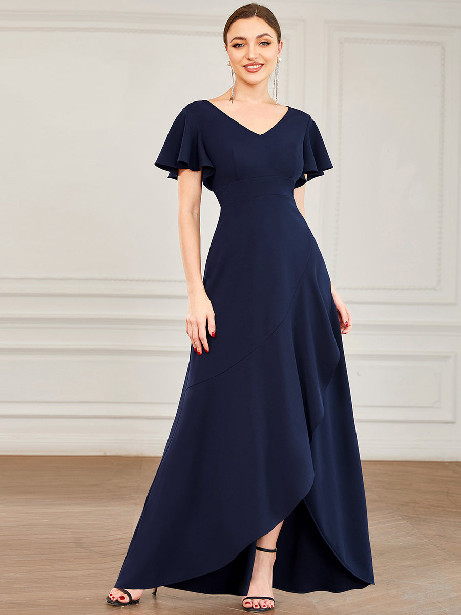 Color=Navy Blue | Deep V Neck Short Ruffles Sleeves Split Wholesale Evening Dresses-Navy Blue 4