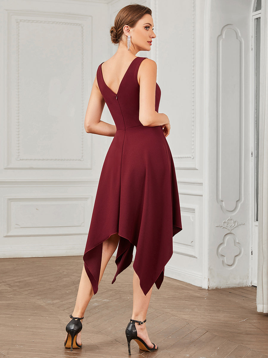 Color=Burgundy | Deep V Neck Sleeveless Wholesale Evening Dresses with Asymmetrical Hem-Burgundy 2