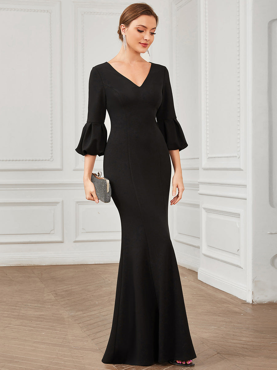 Color=Black | Sexy Fishtail Deep V Neck Puff Sleeves Wholesale Evening Dresses-Black 4