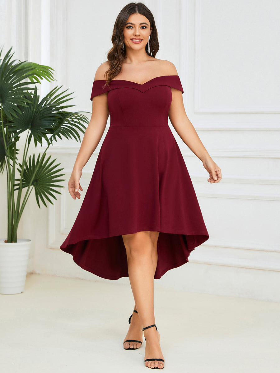 Color=Burgundy | Sexy Off Shoulders A Line Asymmetric Hem Wholesale Evening Dresses-Burgundy 1