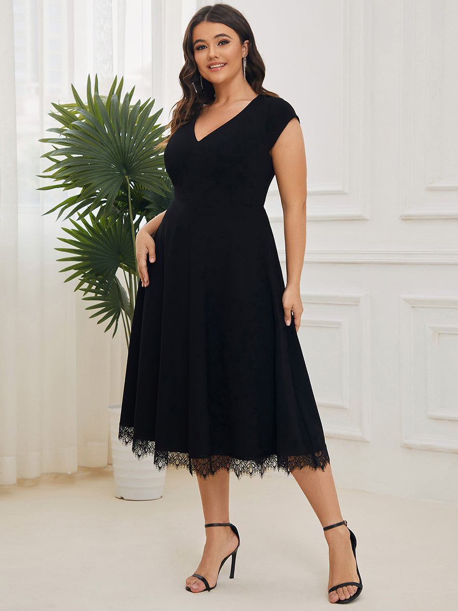 Color=Black | Deep V Neck Cover Sleeves A Line Knee Length Wholesale Evening Dresses-Black 1