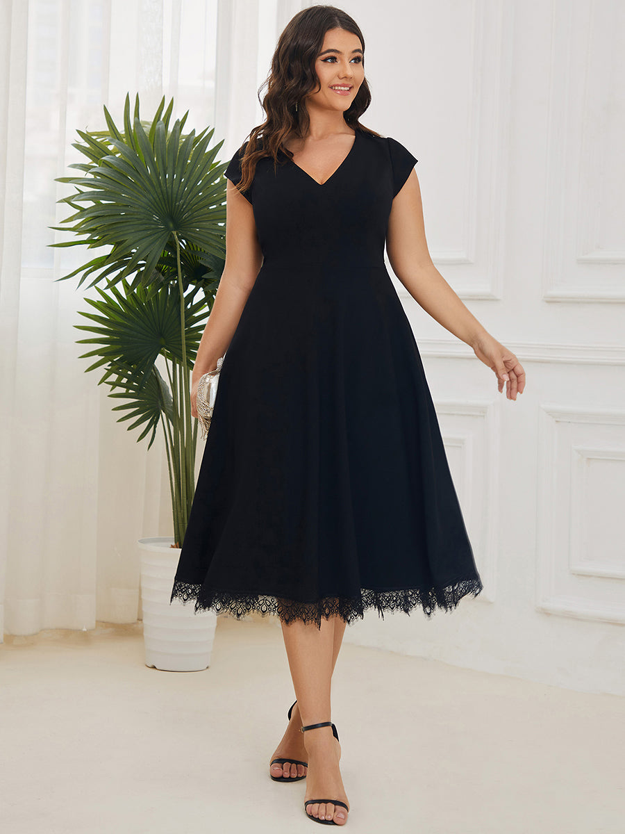 Color=Black | Deep V Neck Cover Sleeves A Line Knee Length Wholesale Evening Dresses-Black 1
