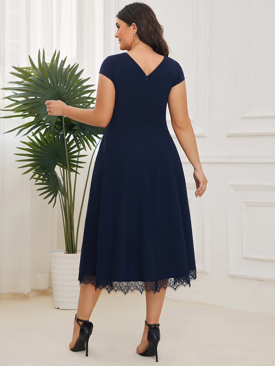 Color=Navy Blue | Deep V Neck Cover Sleeves A Line Knee Length Wholesale Evening Dresses-Navy Blue 6