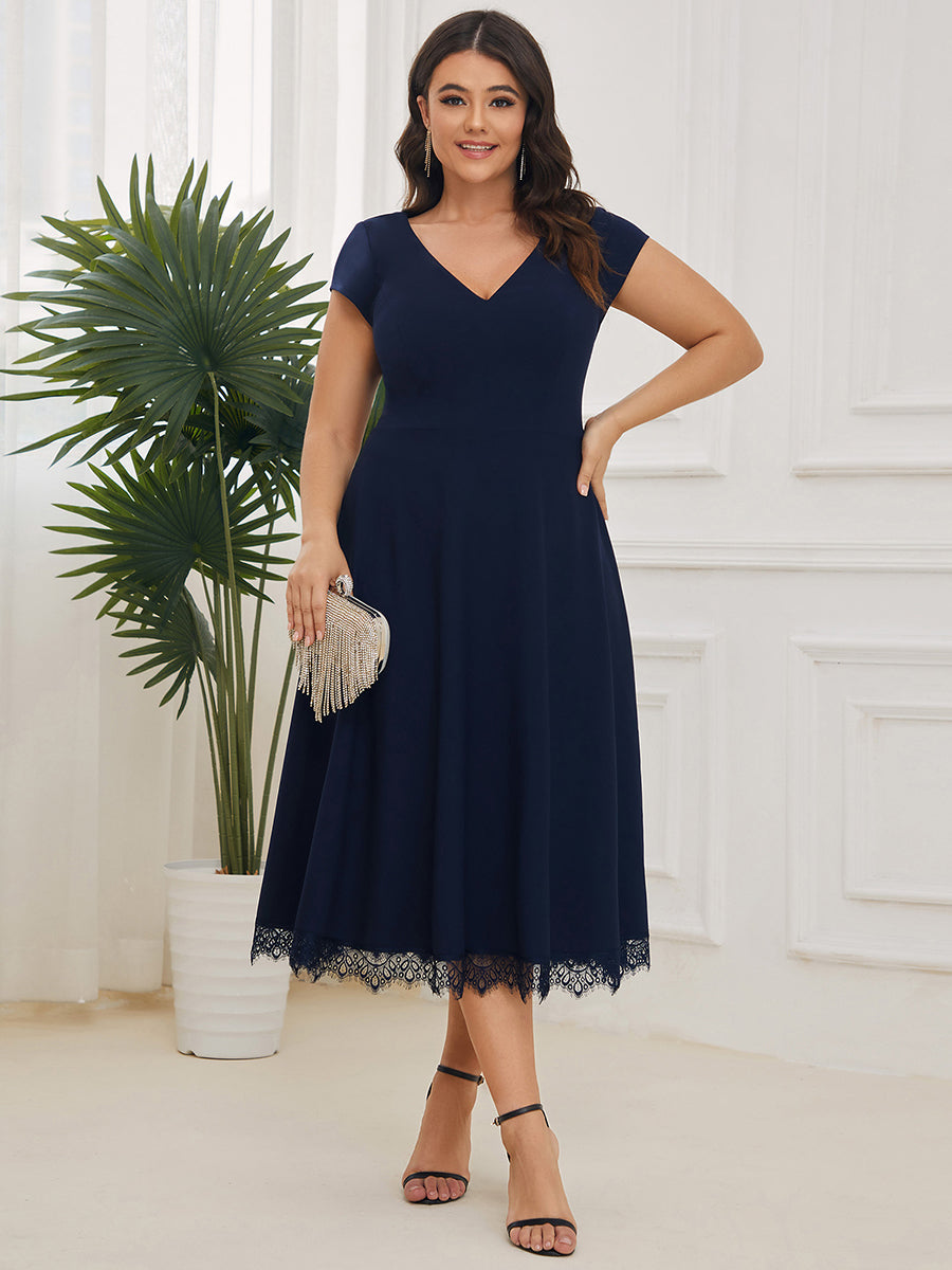 Color=Navy Blue | Deep V Neck Cover Sleeves A Line Knee Length Wholesale Evening Dresses-Navy Blue 6
