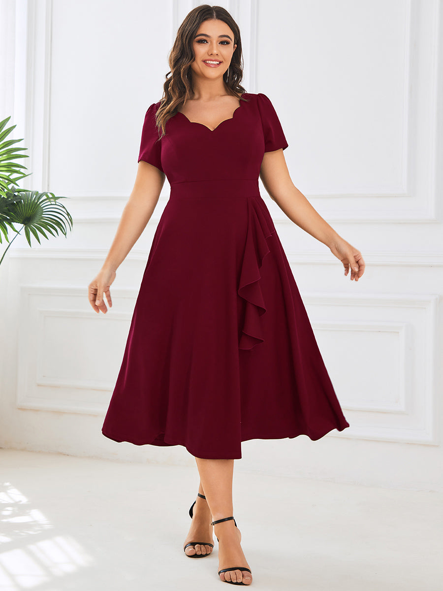 Color=Burgundy | Deep V Neck Knee Length Short Sleeves A Line Wholesale Evening Dresses-Burgundy 3