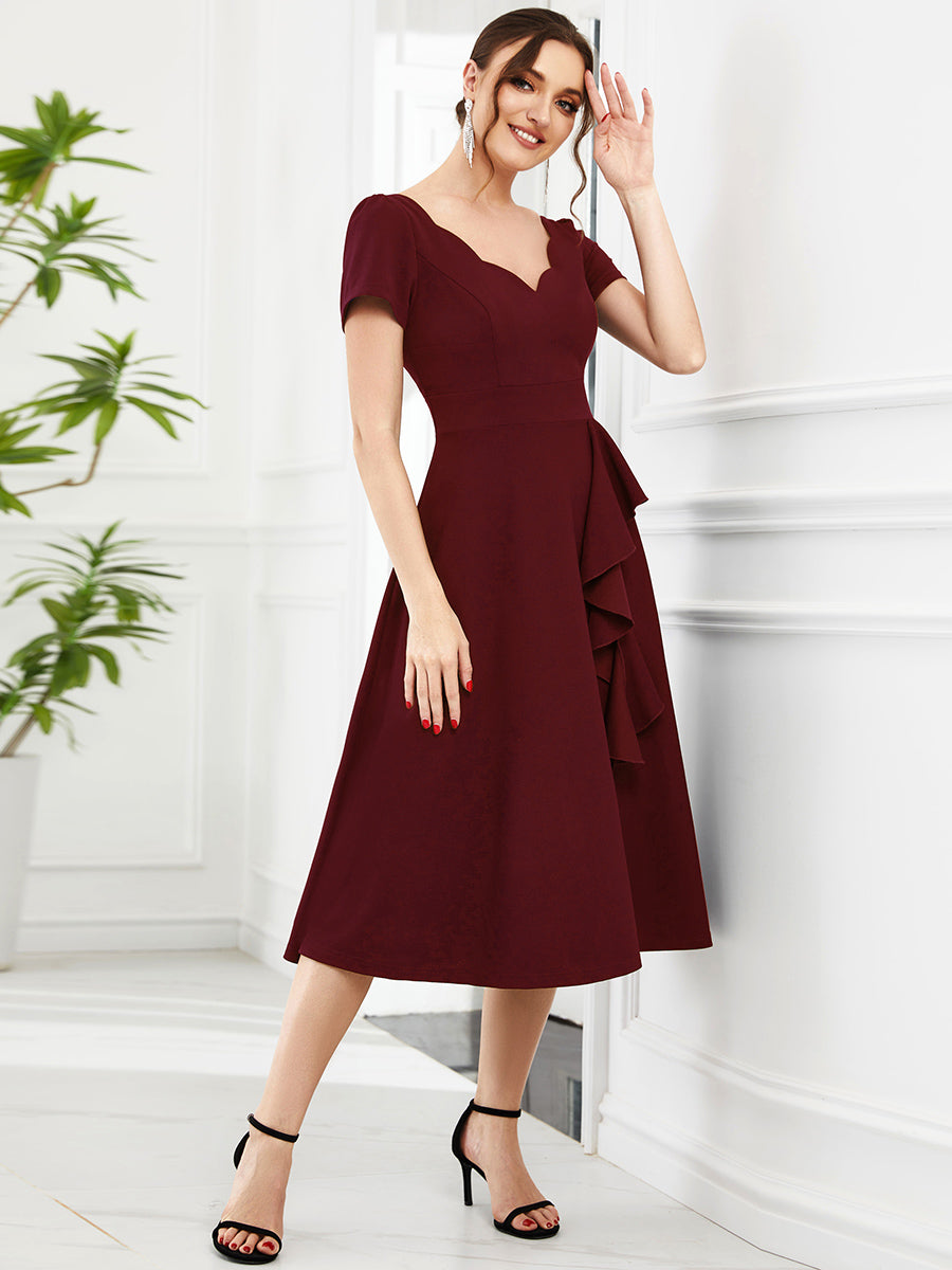 Color=Burgundy | Deep V Neck Knee Length Short Sleeves A Line Wholesale Evening Dresses-Burgundy 3