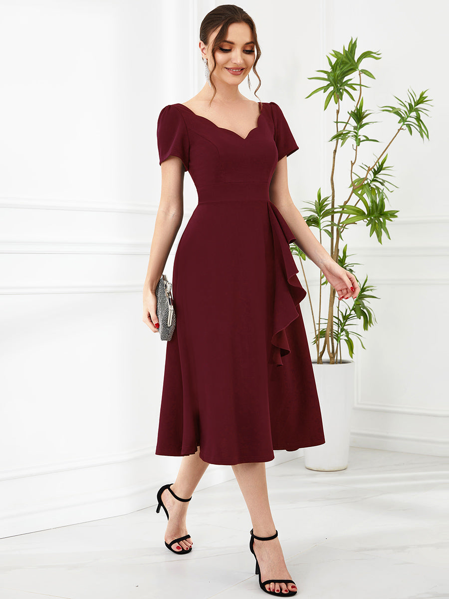 Color=Burgundy | Deep V Neck Knee Length Short Sleeves A Line Wholesale Evening Dresses-Burgundy 4