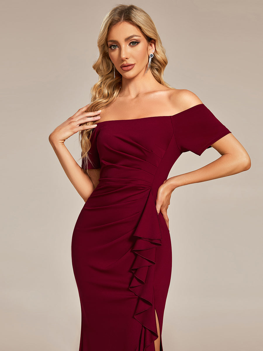 Color=Burgundy | Off Shoulder Split Ruched Wholesale Evening Dresses-Burgundy 5
