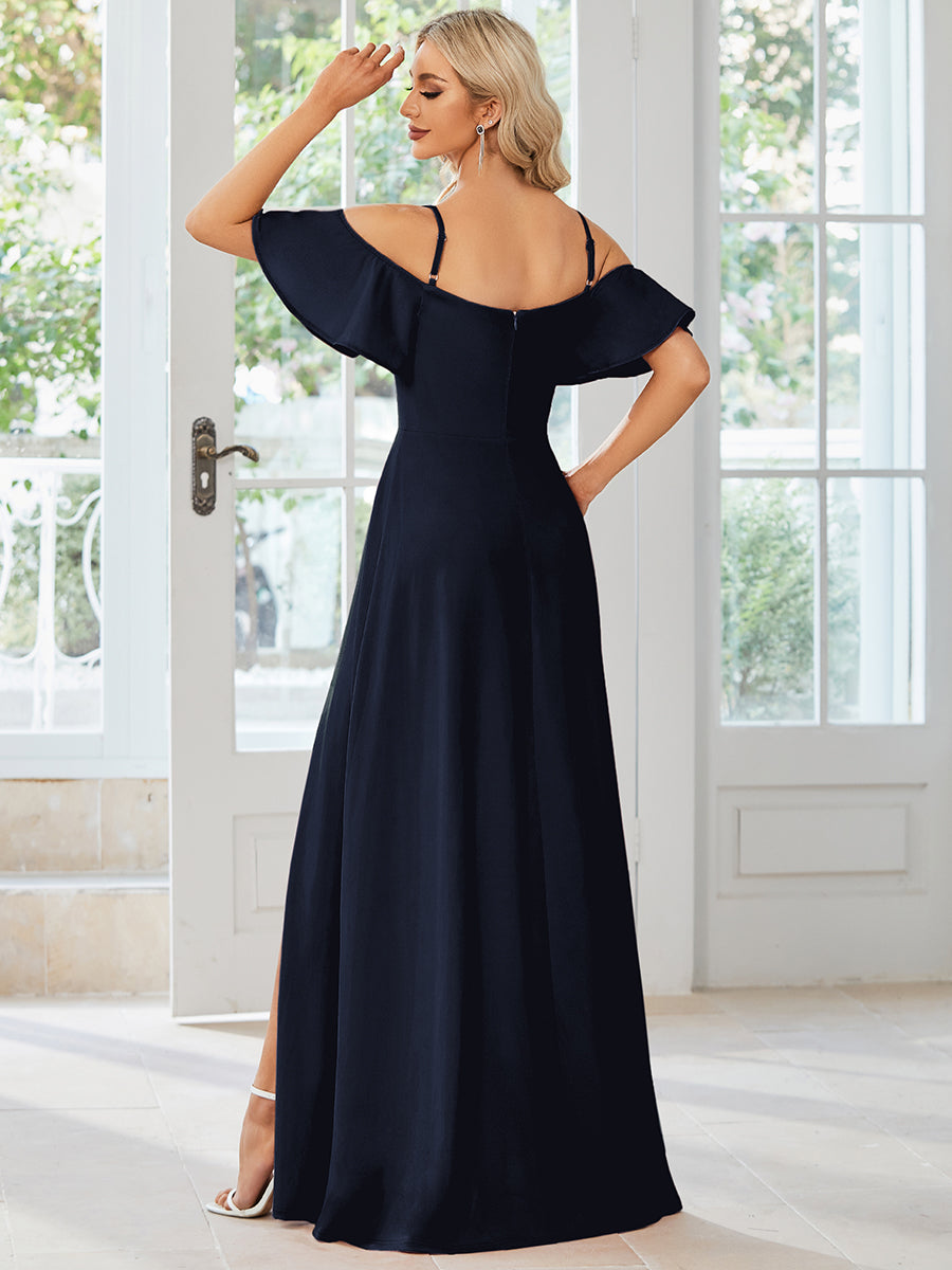 Color=Navy Blue | Off Shoulder Floor Length A Line Sleeveless Wholesale Knitted Evening Dresses-Navy Blue 2