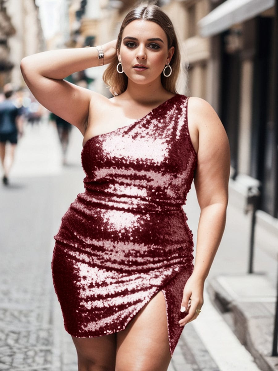 Shiny One Shoulder Sequin Bodycon Sleeveless Homecoming Dress#color_Burgundy