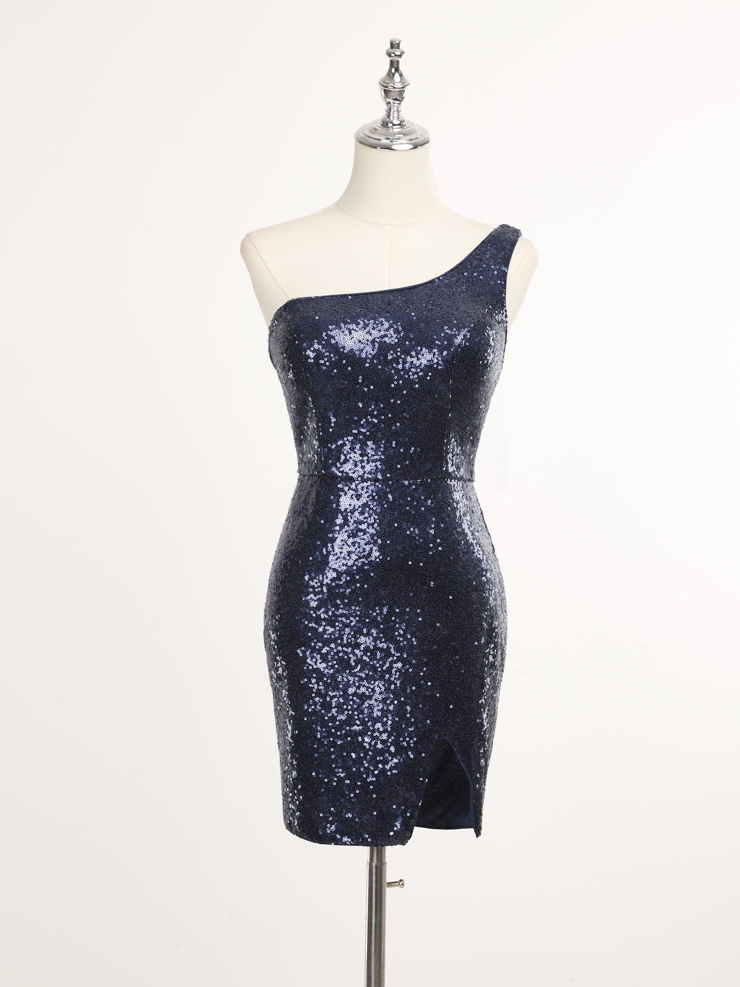 Shiny One Shoulder Sequin Bodycon Sleeveless Homecoming Dress#color_Navy Blue