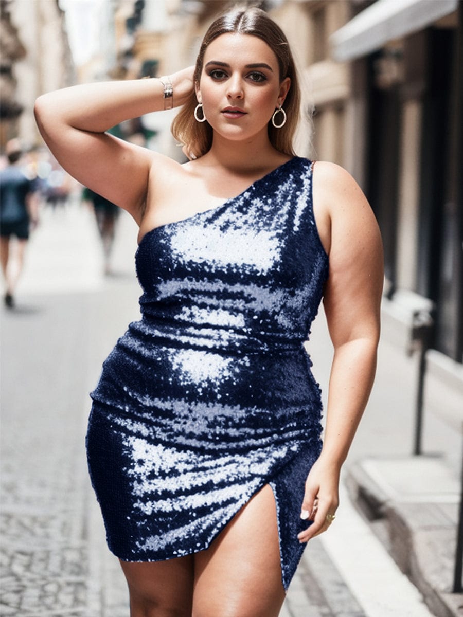 Plus Size Sparkly One Shoulder Sequin Bodycon Homecoming Dress#color_Navy Blue