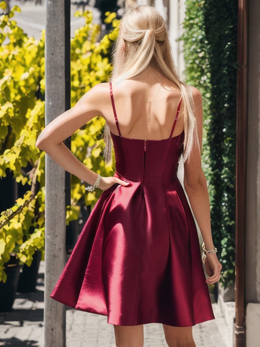 Mini Satin Spaghetti Strap A-Line Backless Homecoming#color_Burgundy