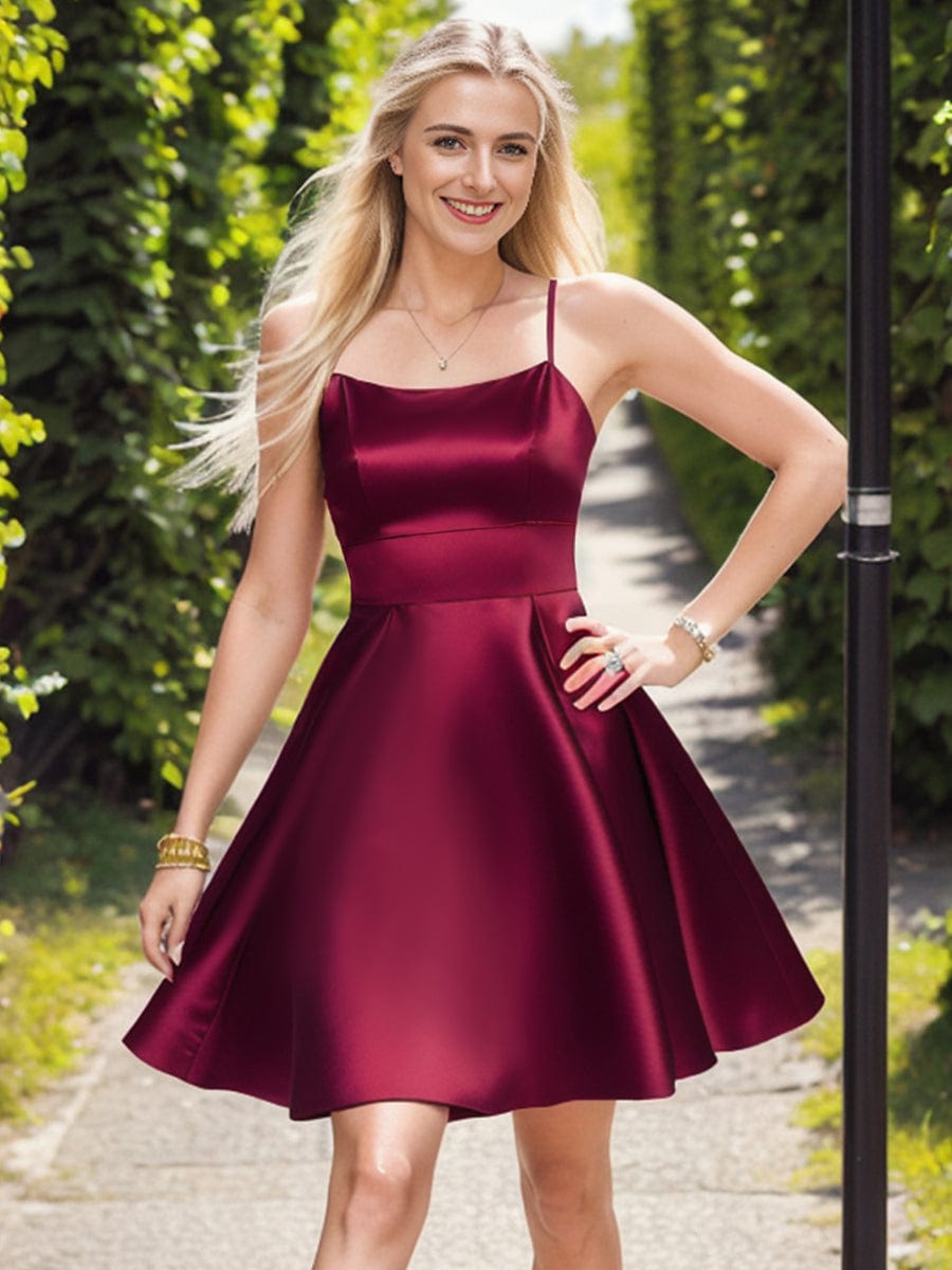 Mini Satin Spaghetti Strap A-Line Backless Homecoming#color_Burgundy