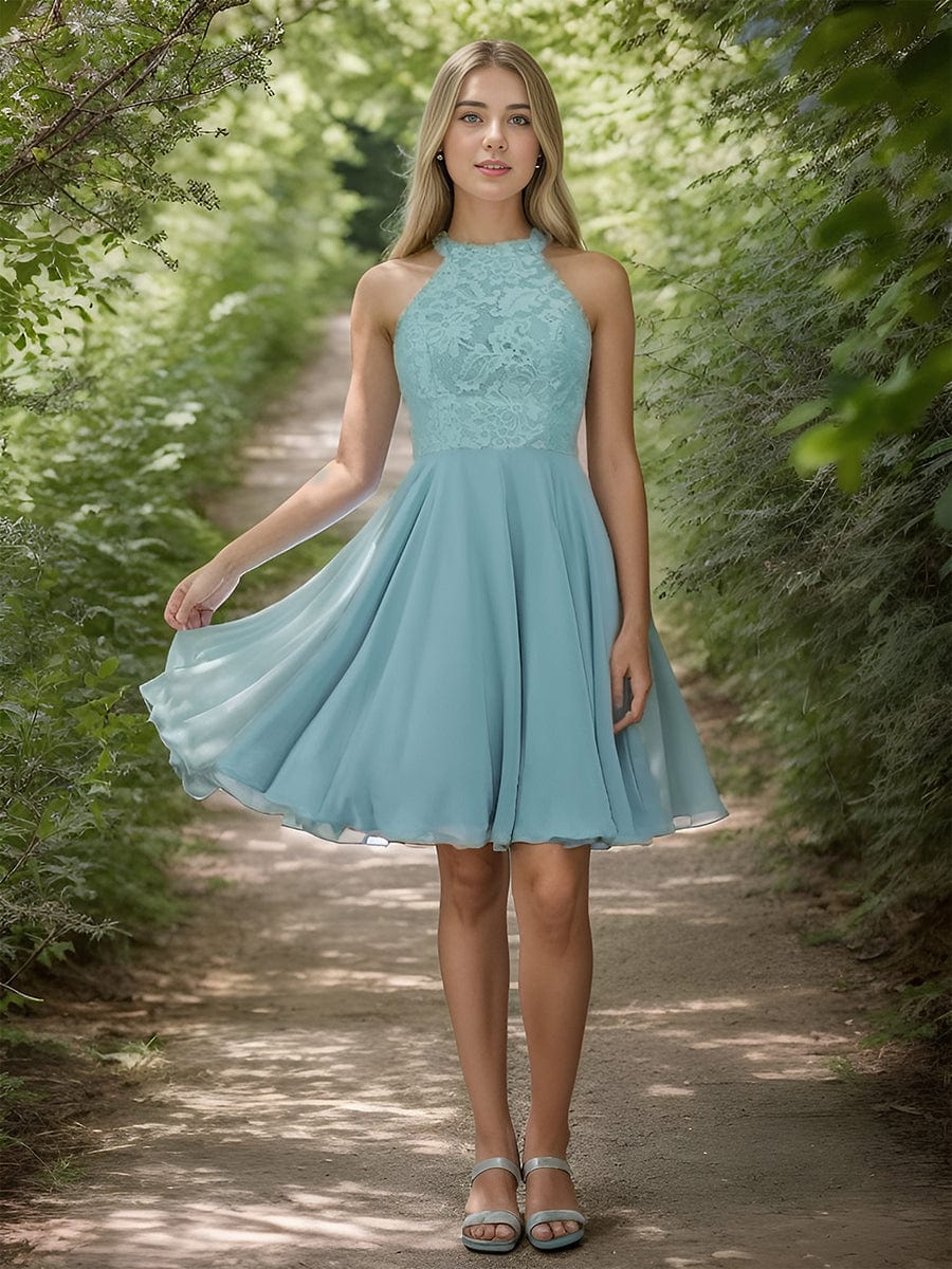Mini Lace Halter Neck Backless Chiffon Homecoming Dress#color_Dusty Blue