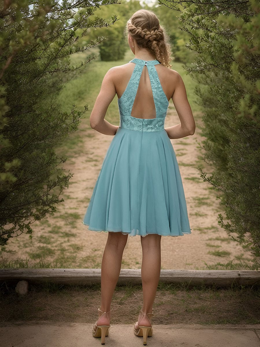 Mini Lace Halter Neck Backless Chiffon Homecoming Dress#color_Dusty Blue
