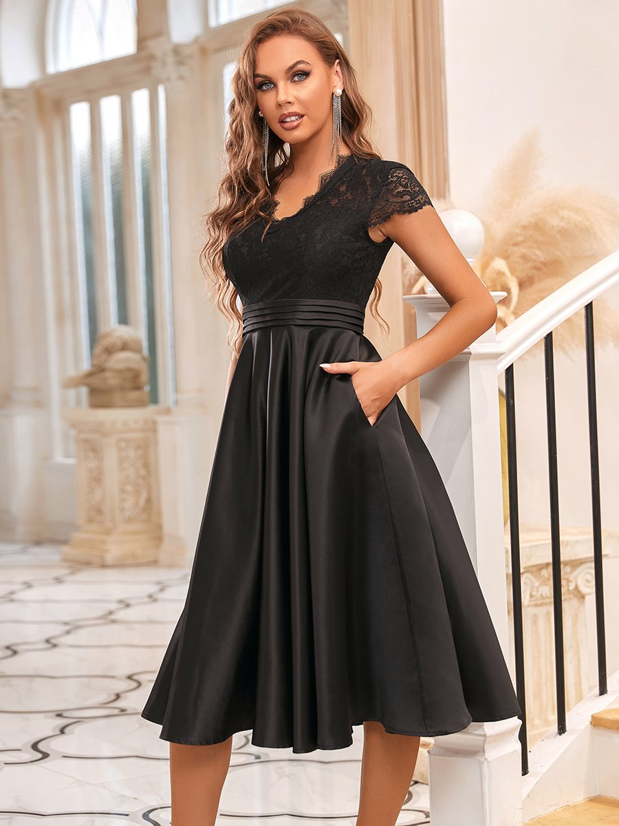 Color=Black | Women's Short Sleeves Knee-Length Wholesale Cocktail Dresses-Black 1