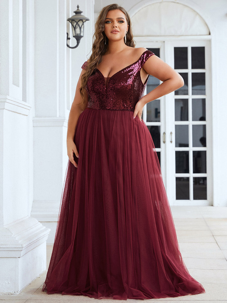 Color=Burgundy | Plus Size Wholesale High Waist Tulle & Sequin Sleevless Evening Dress-Burgundy 4