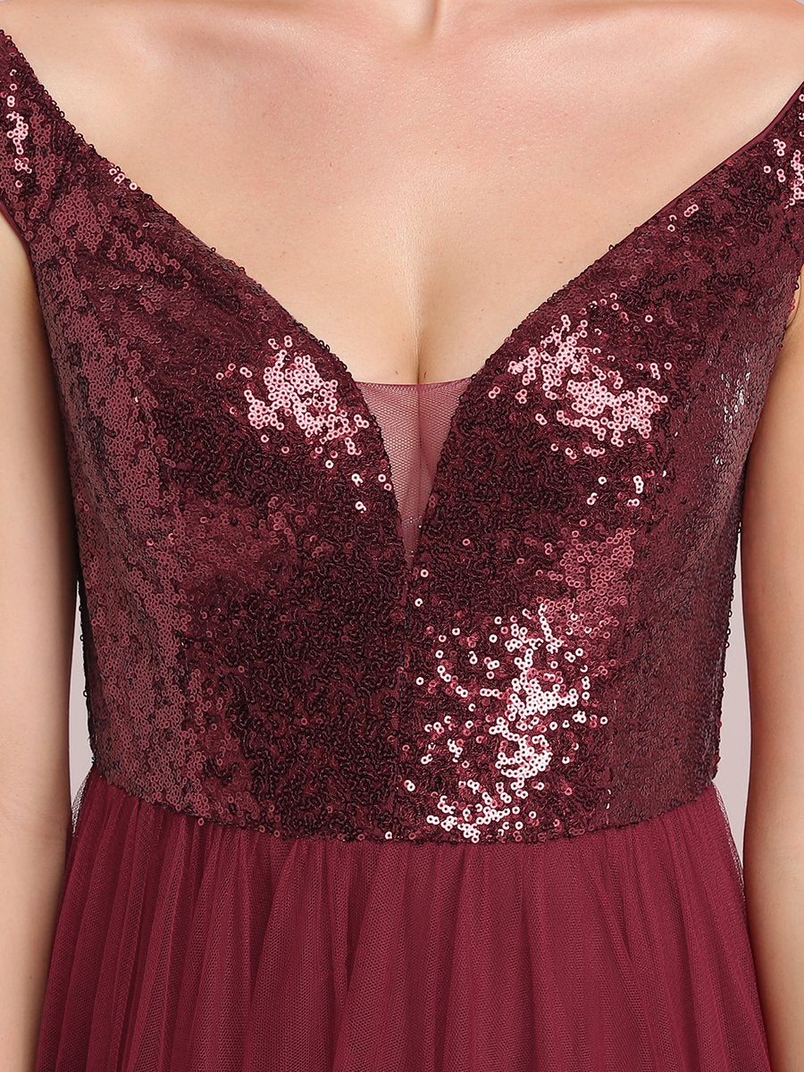 Color=Burgundy | Wholesale High Waist Tulle & Sequin Sleeveless Evening Dress-Burgundy 8