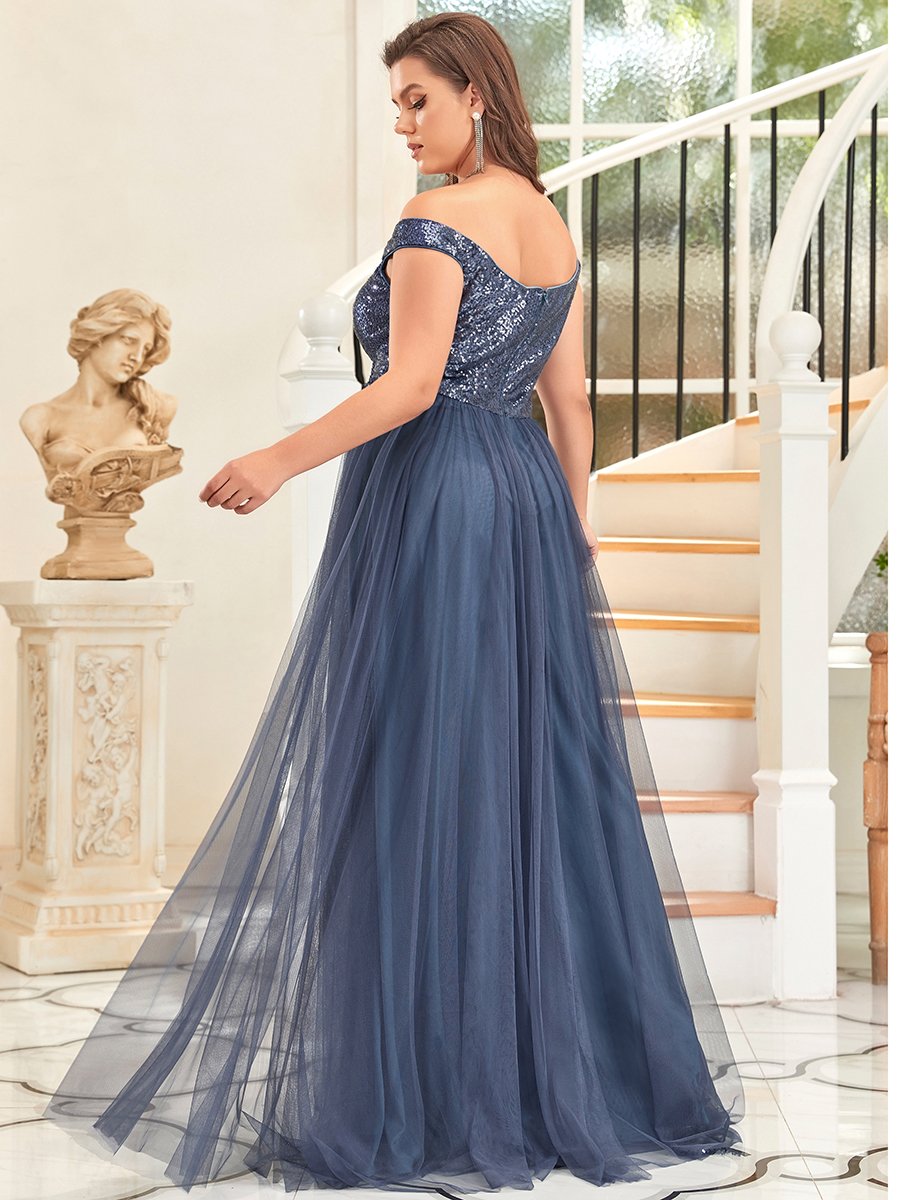 Color=Dusty Blue | Wholesale High Waist Tulle & Sequin Sleeveless Evening Dress-Dusty Blue 7