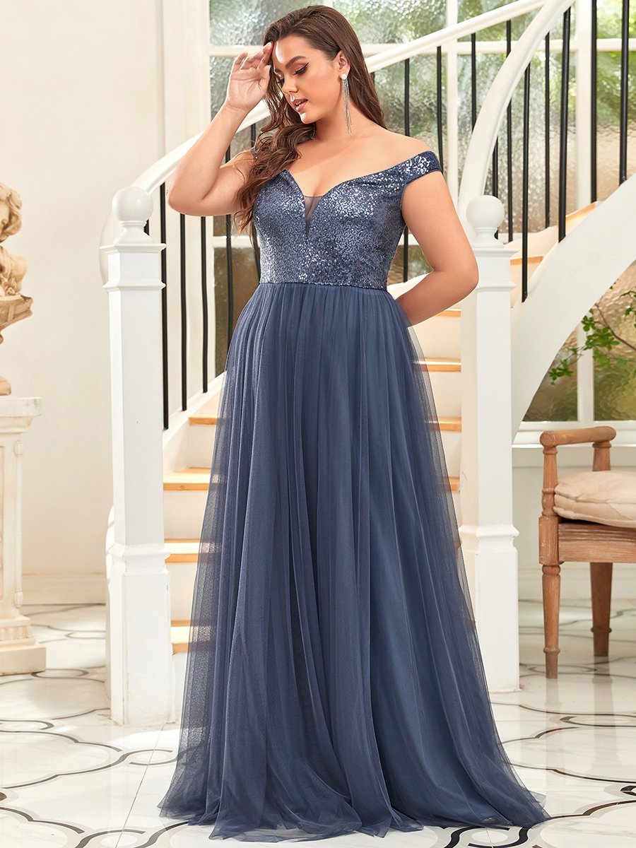 Color=Dusty Blue | Wholesale High Waist Tulle & Sequin Sleeveless Evening Dress-Dusty Blue 8