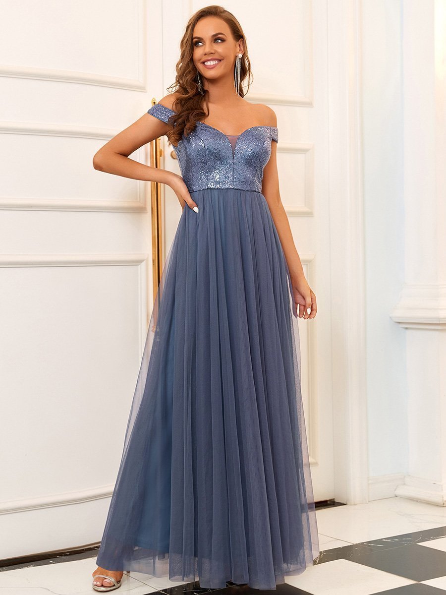 Color=Dusty Blue | Wholesale High Waist Tulle & Sequin Sleeveless Evening Dress-Dusty Blue 3