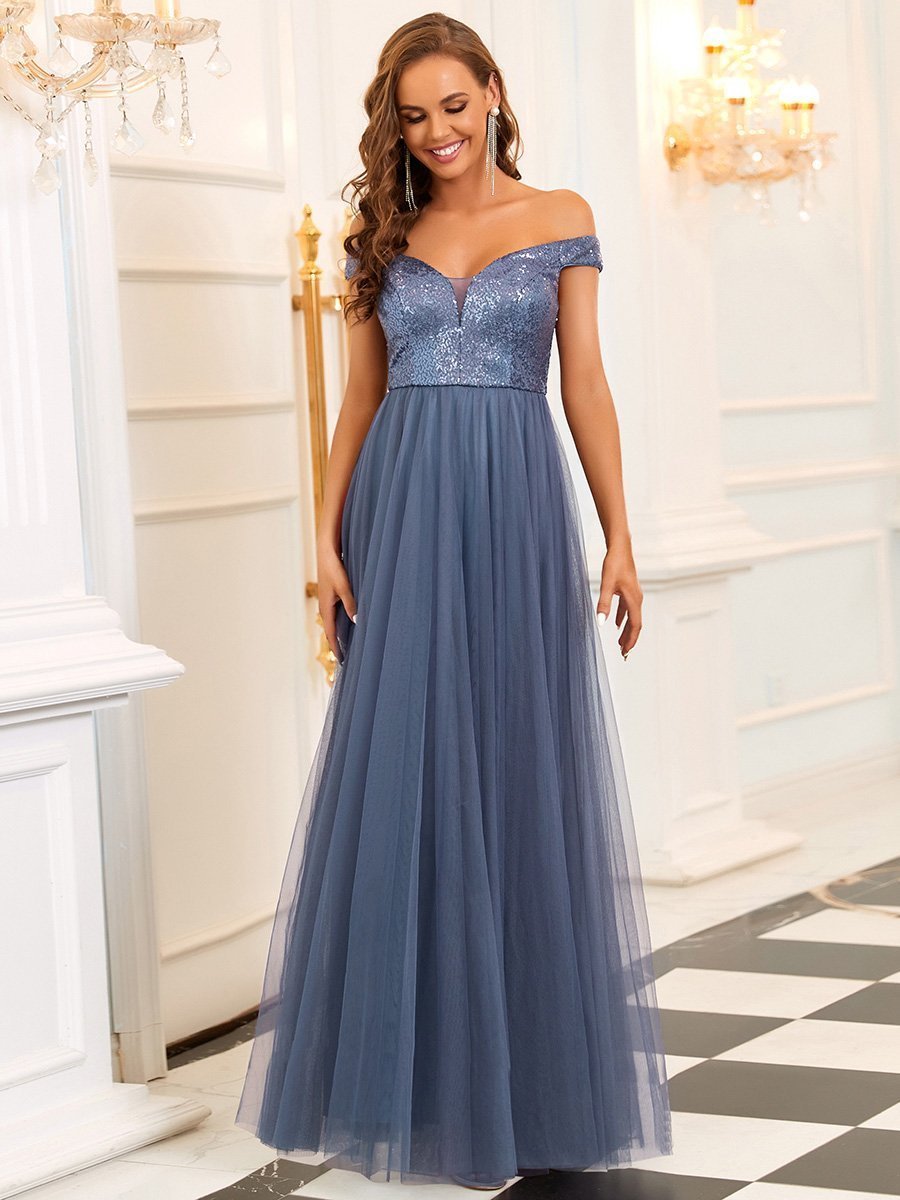 Color=Dusty Blue | Wholesale High Waist Tulle & Sequin Sleeveless Evening Dress-Dusty Blue 4