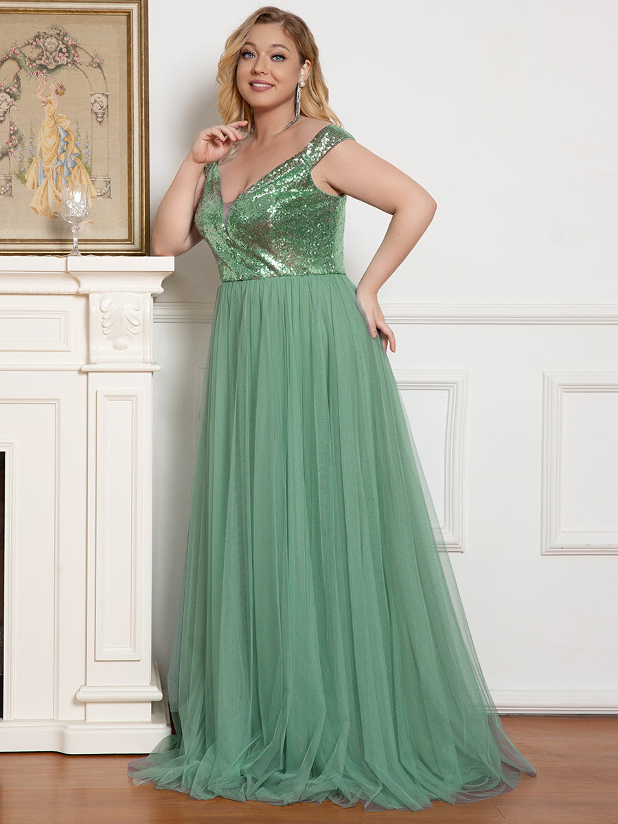 Color=Green Bean | Plus Size Wholesale High Waist Tulle & Sequin Sleevless Evening Dress-Green Bean 1