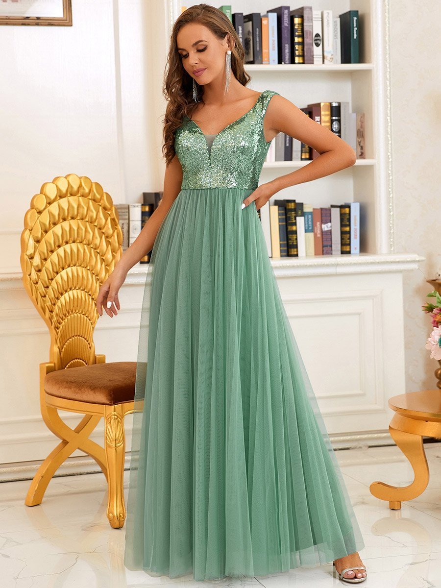 Color=Green Bean | Wholesale High Waist Tulle & Sequin Sleevless Evening Dress-Green Bean 3