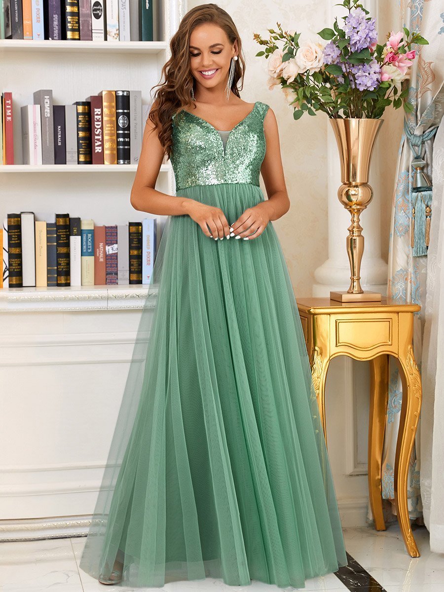 Color=Green Bean | Wholesale High Waist Tulle & Sequin Sleevless Evening Dress-Green Bean 4