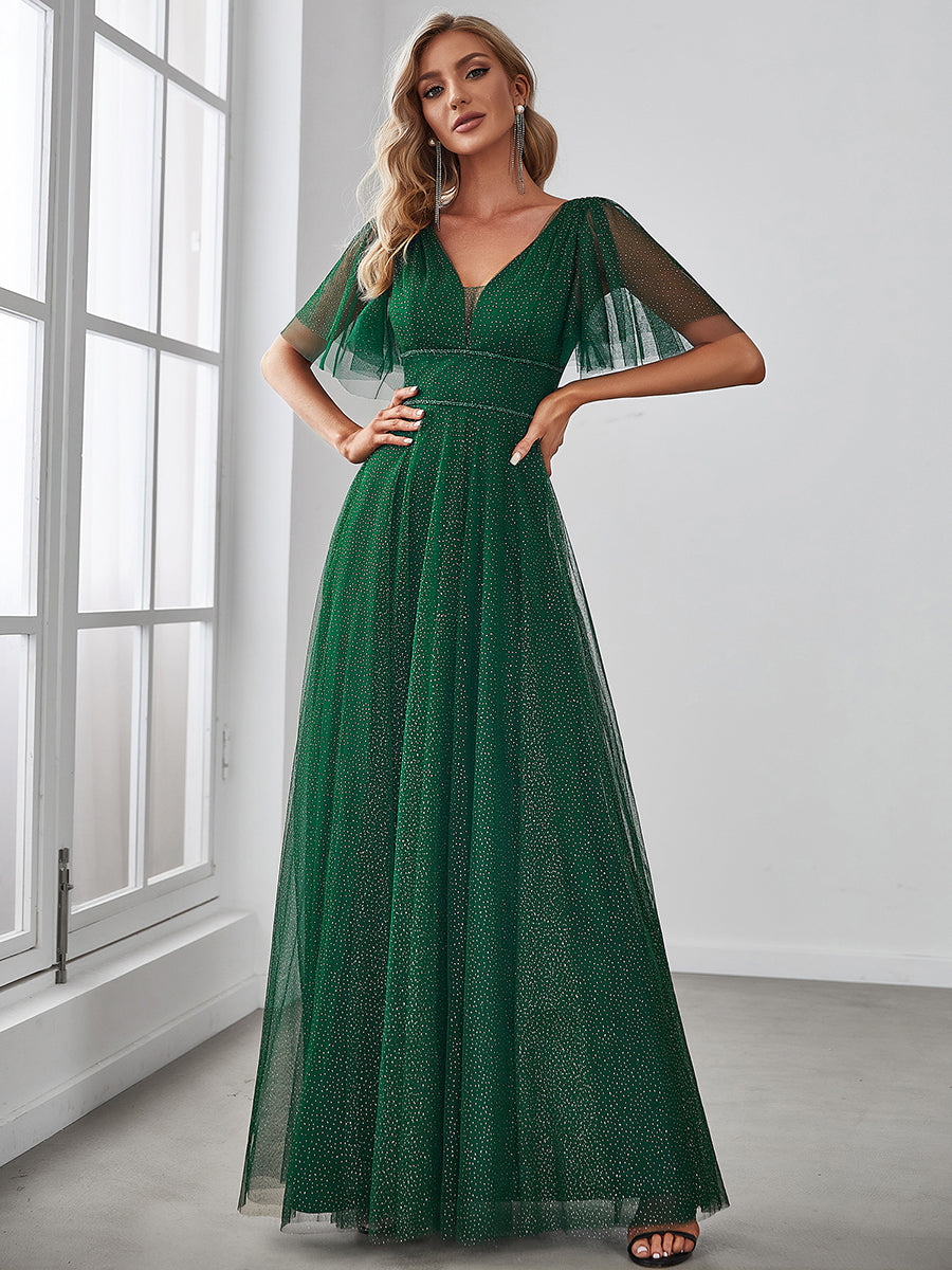 Color=Dark Green | Wholesale Long Deep V Neck Maxi A-Line Tulle Evening Dress-Dark Green 1
