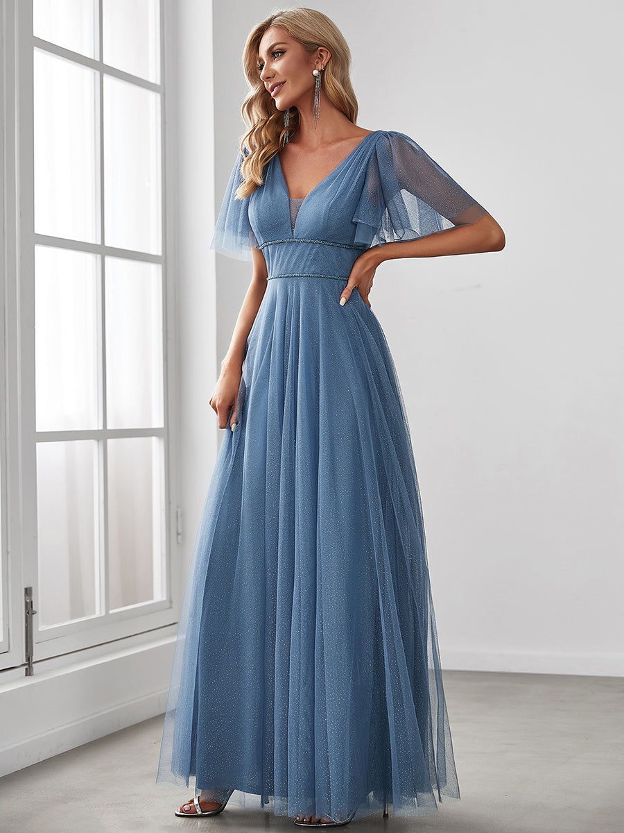 Color=Dusty Blue | Plus Size Wholesale Tulle Evening Dress With Deep V Neck-Dusty Blue 3