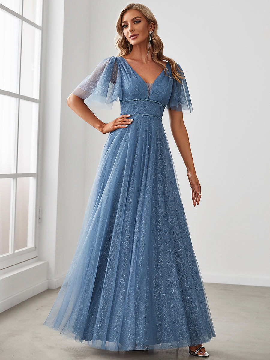 Color=Dusty Blue | Plus Size Wholesale Tulle Evening Dress With Deep V Neck-Dusty Blue 4
