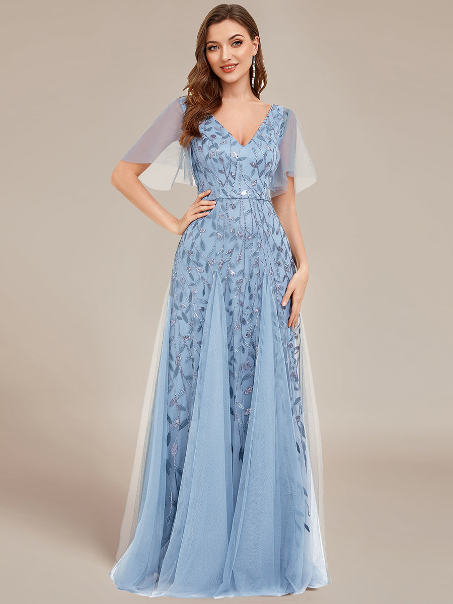 Color=Sky Blue | Deep V Neck Wholesale Sequin Evening Gown With Short Sleeves-Sky Blue