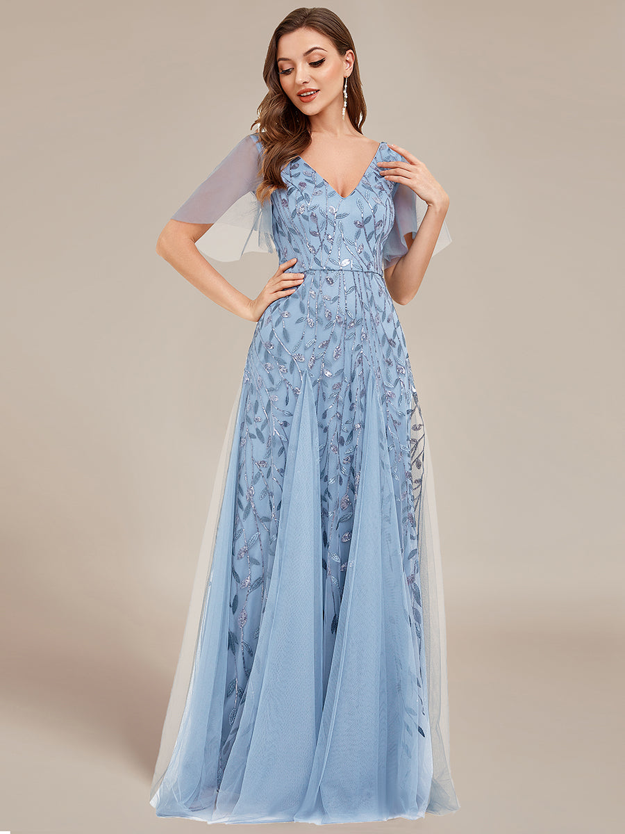 Color=Sky Blue | Deep V Neck Wholesale Sequin Evening Gown With Short Sleeves-Sky Blue