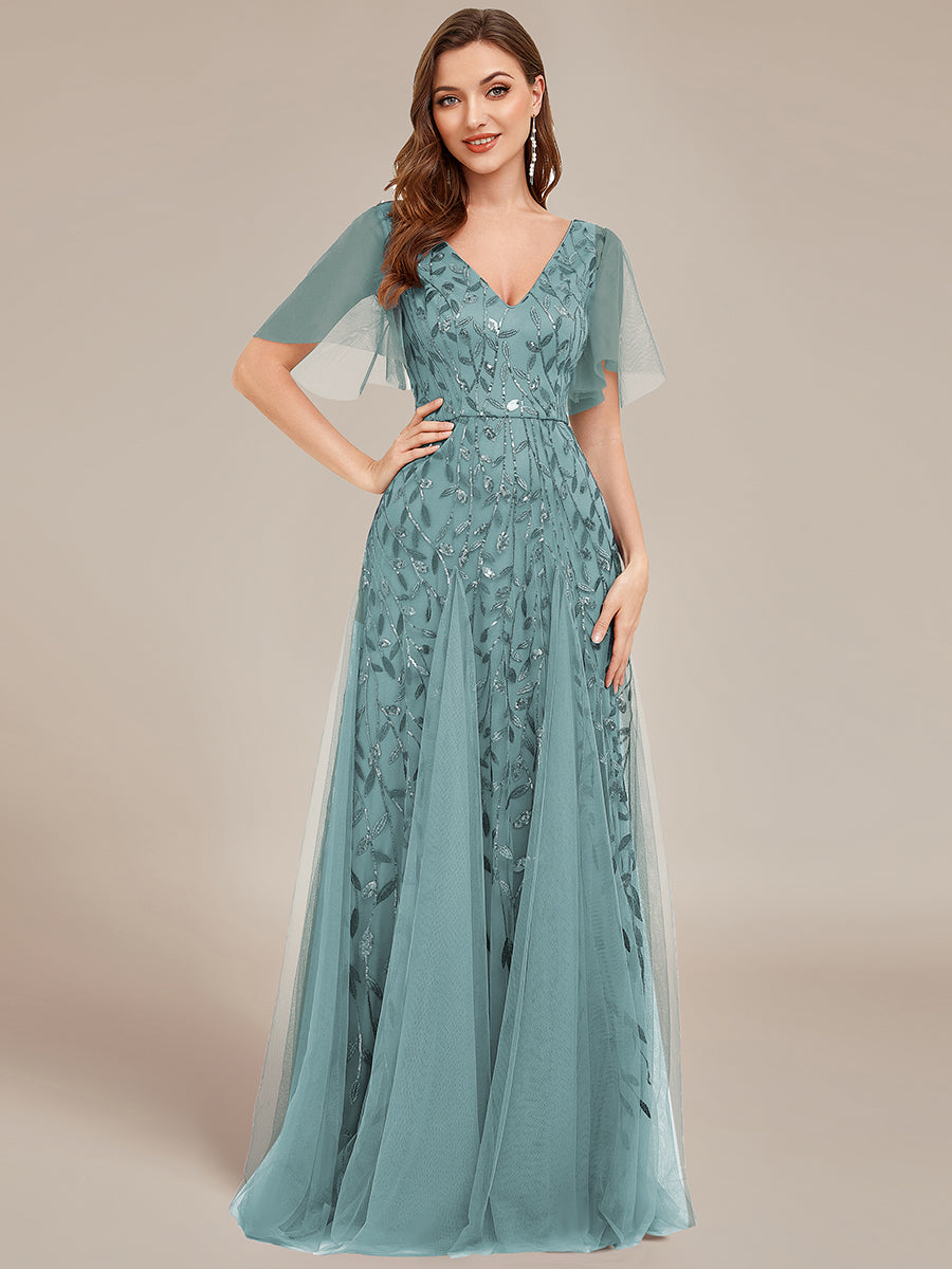 Color=Dusty Blue | Deep V Neck Wholesale Sequin Evening Gown With Short Sleeves-Dusty Blue