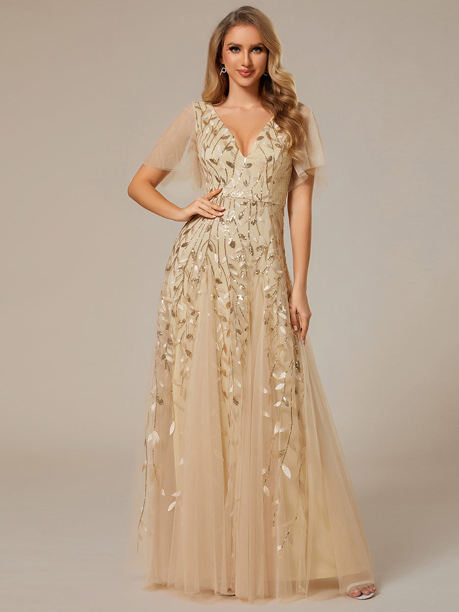 Color=Gold | Deep V Neck Wholesale Sequin Evening Gown With Short Sleeves-Gold 1