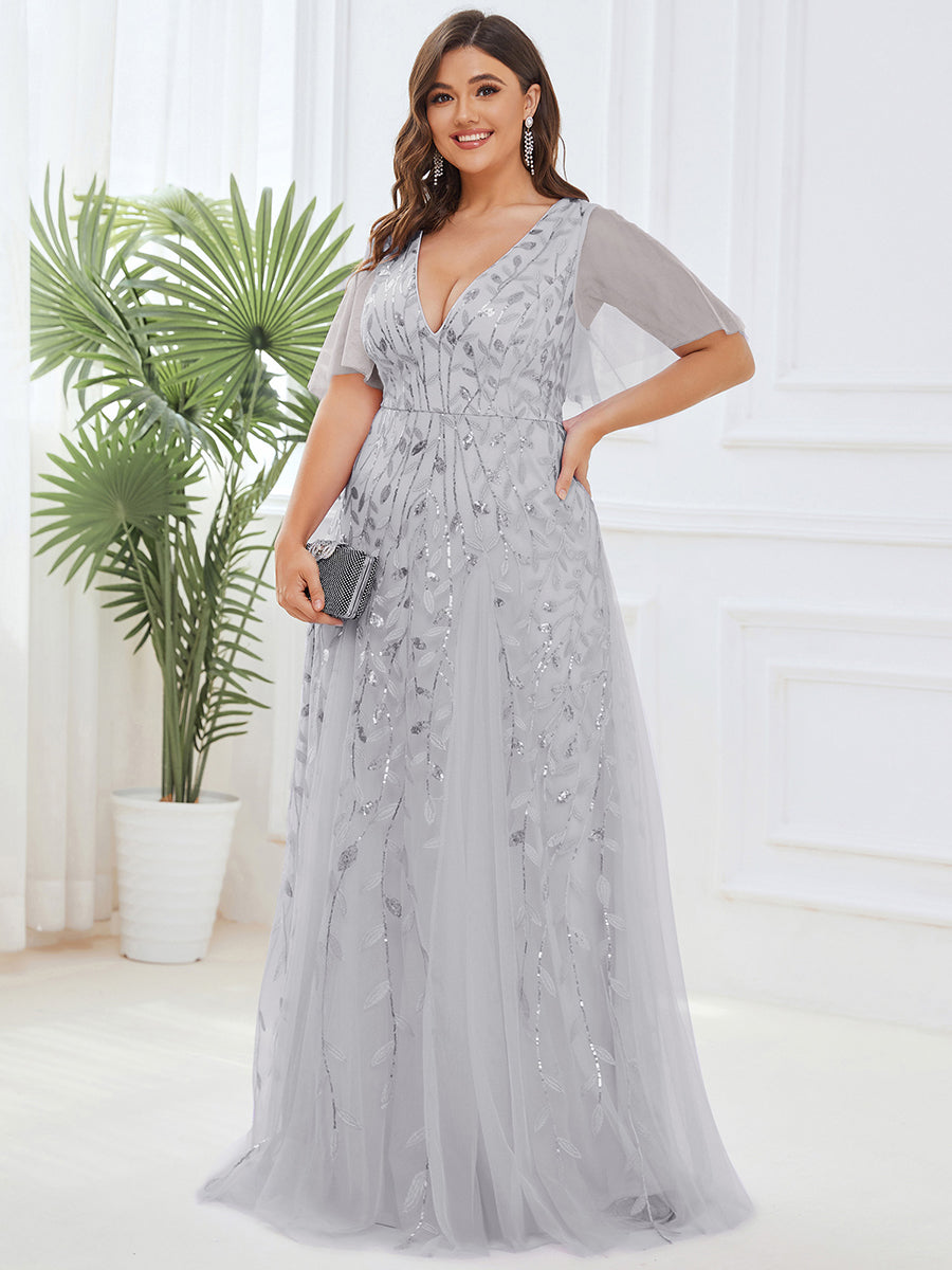 Color=Silver | Deep V Neck Wholesale Sequin Evening Gown With Short Sleeves-Silver