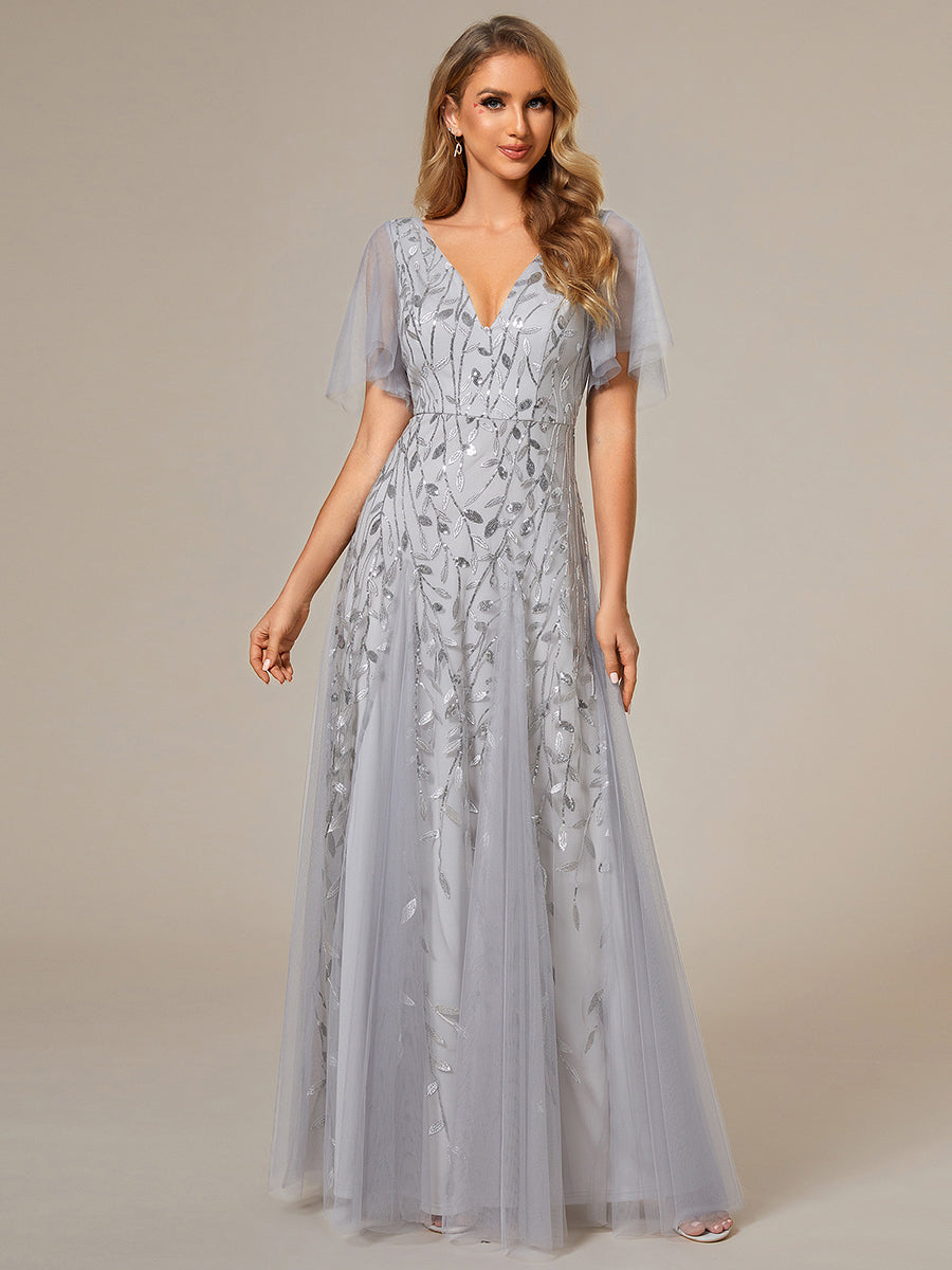 Color=Silver | Deep V Neck Wholesale Sequin Evening Gown With Short Sleeves-Silver