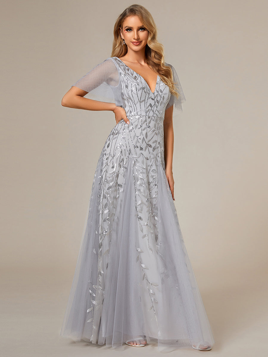 Color=Silver | Deep V Neck Wholesale Sequin Evening Gown With Short Sleeves-Silver