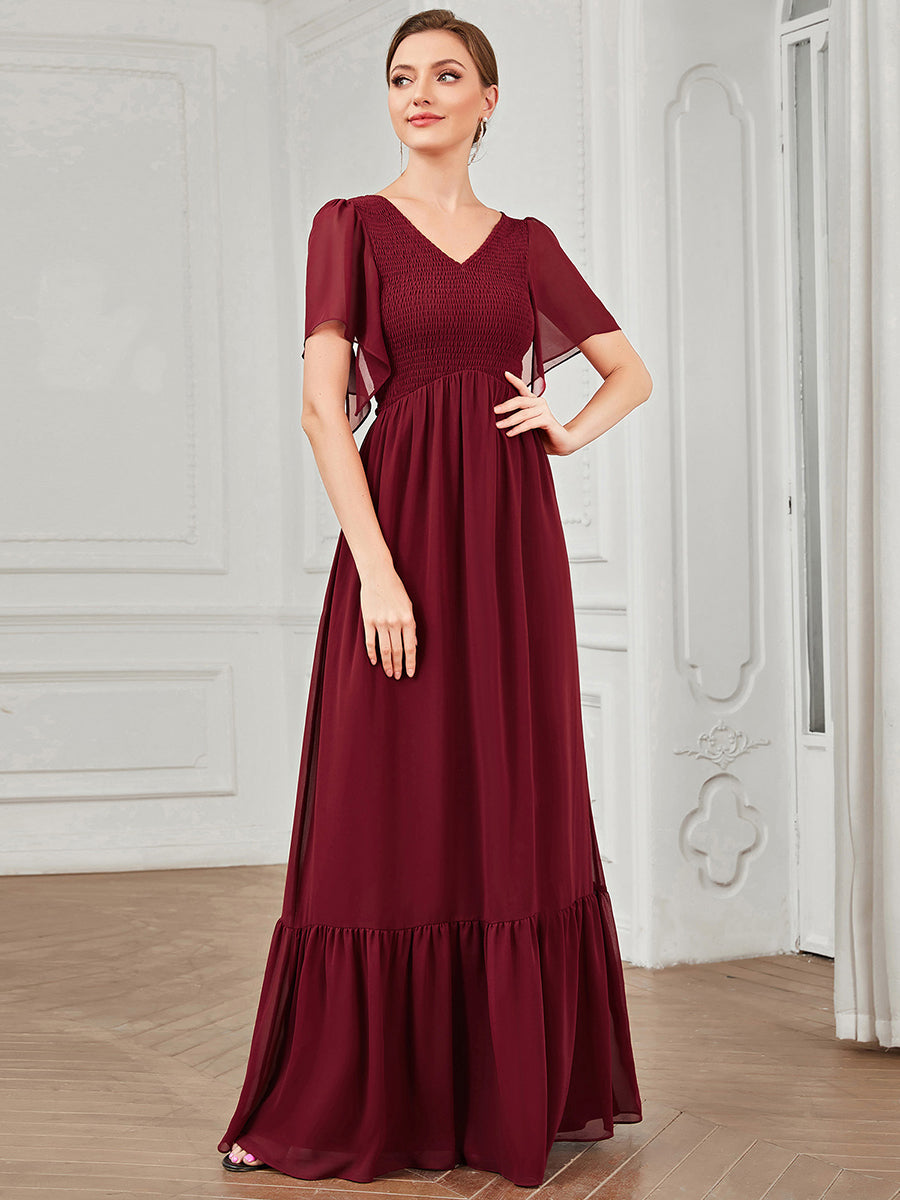 Color=Burgundy | Simple V Neck Short Ruffles Sleeves A Line Wholesale Evening Dresses-Burgundy 3
