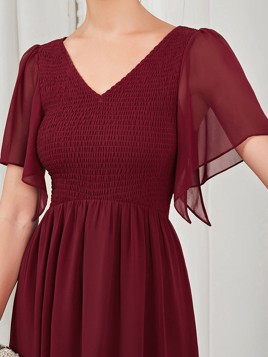 Color=Burgundy | Simple V Neck Short Ruffles Sleeves A Line Wholesale Evening Dresses-Burgundy 5