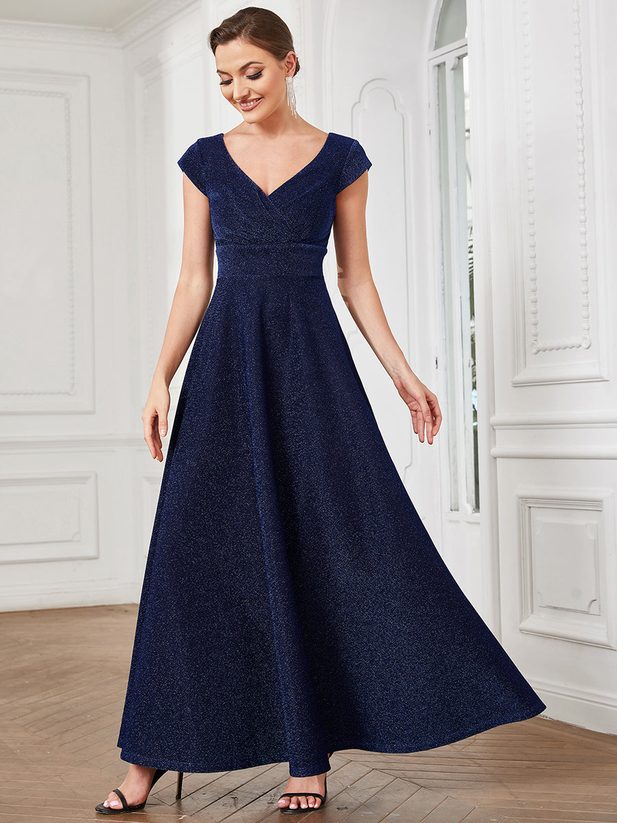 Color=Navy Blue | Deep V Neck Floor Length A Line Sleeveless Wholesale Evening Dresses-Navy Blue 1