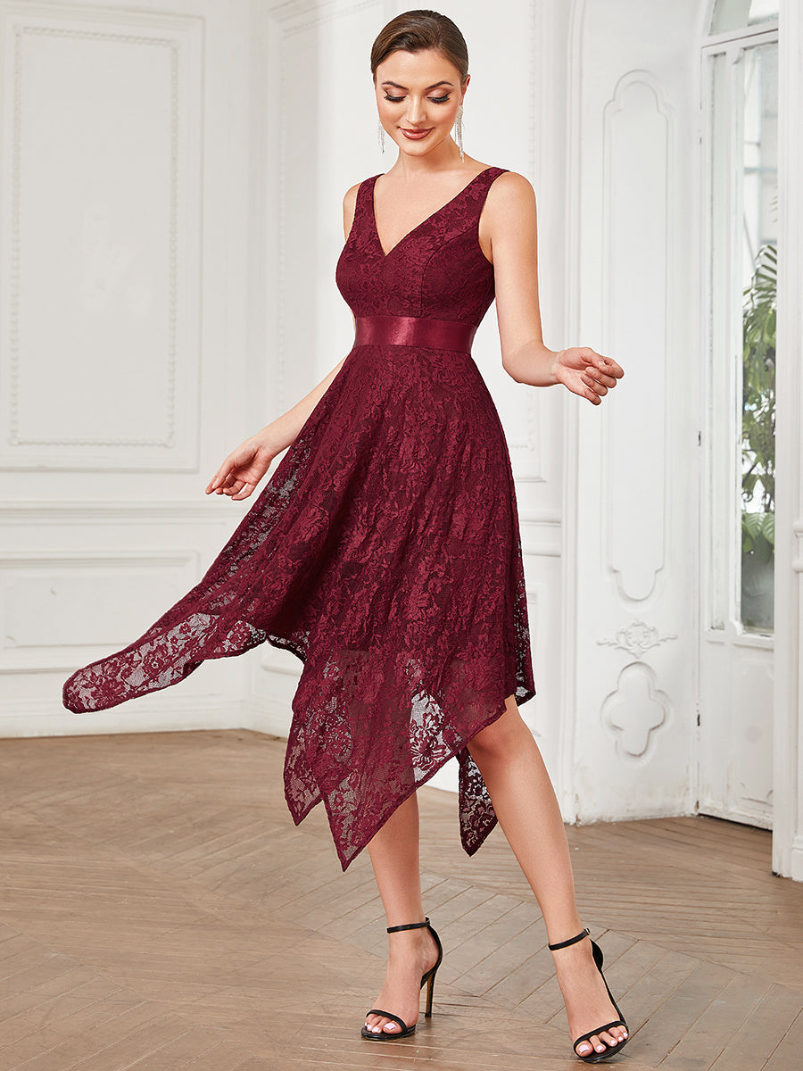 Color=Burgundy | Sleeveless V Neck A Line Asymmetrical Hem Wholesale Bridesmaid Dresses-Burgundy 1