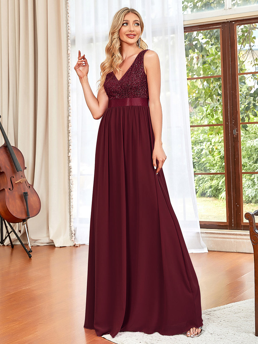 Color=Burgundy | Adorable A Line Sleeveless Wholesale Bridesmaid Dresses with Deep V Neck-Burgundy 1