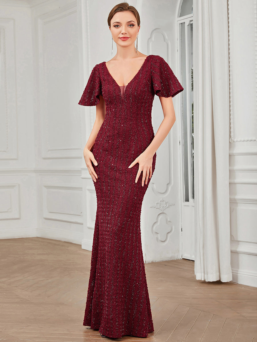 Color=Burgundy | Deep V Neck Short Sleeves Wholesale Evening Dresses with Fishtail-Burgundy 1