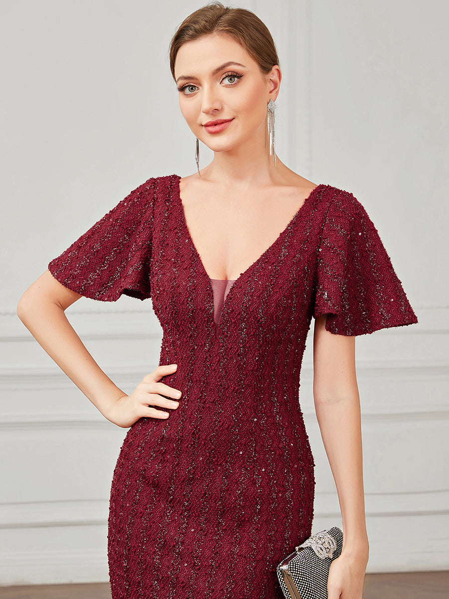 Color=Burgundy | Deep V Neck Short Sleeves Wholesale Evening Dresses with Fishtail-Burgundy 5