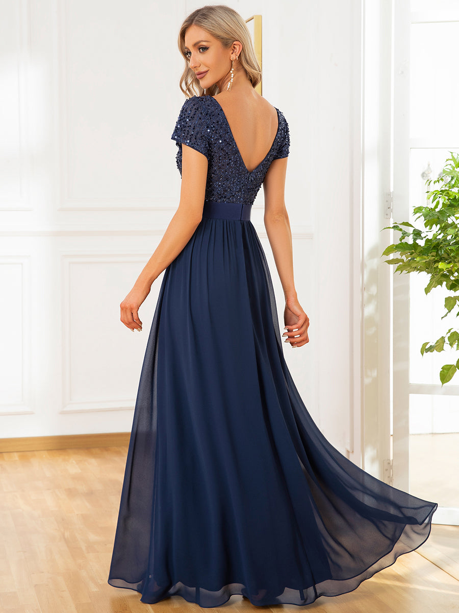Color=Navy Blue | Deep V Neck Pencil Wholesale Evening Dresses with Short Sleeves-Navy Blue 2