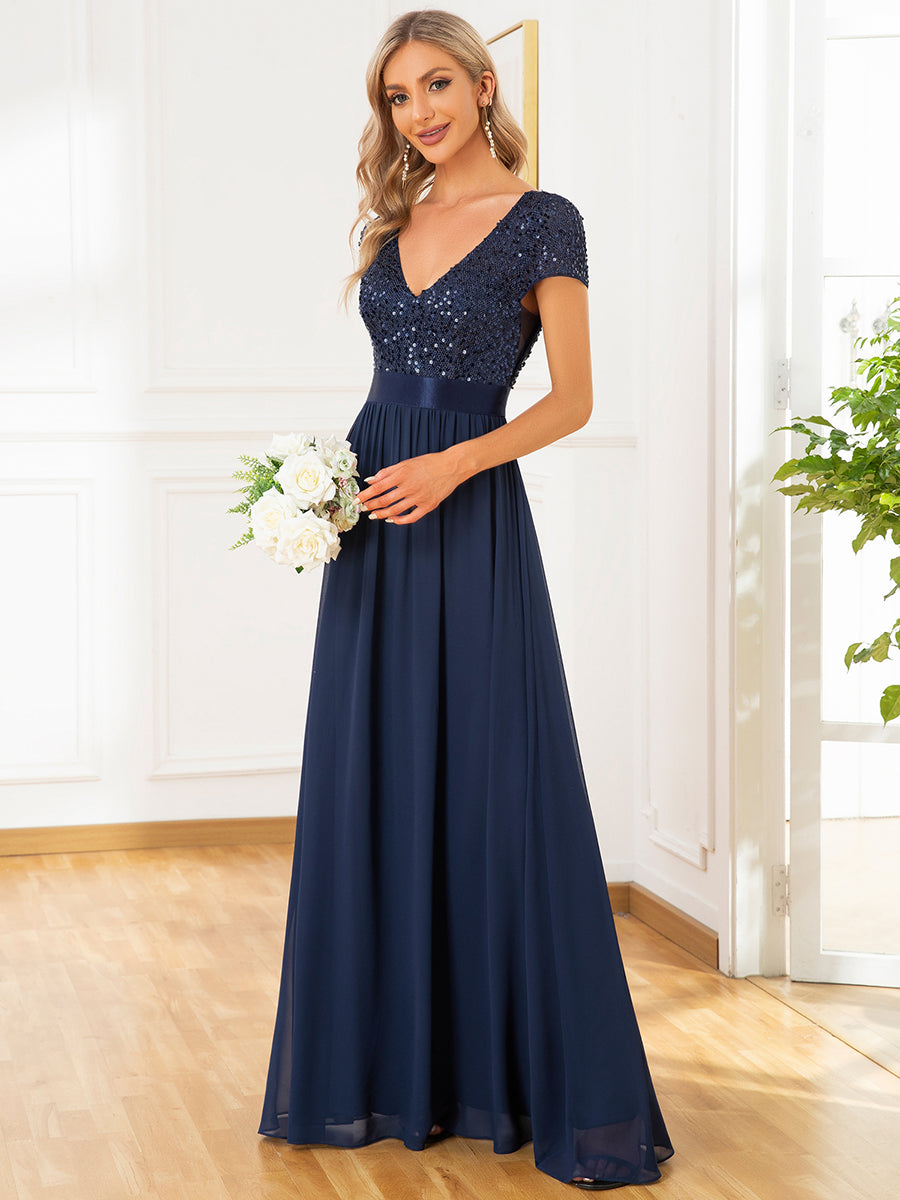 Color=Navy Blue | Deep V Neck Pencil Wholesale Evening Dresses with Short Sleeves-Navy Blue 3